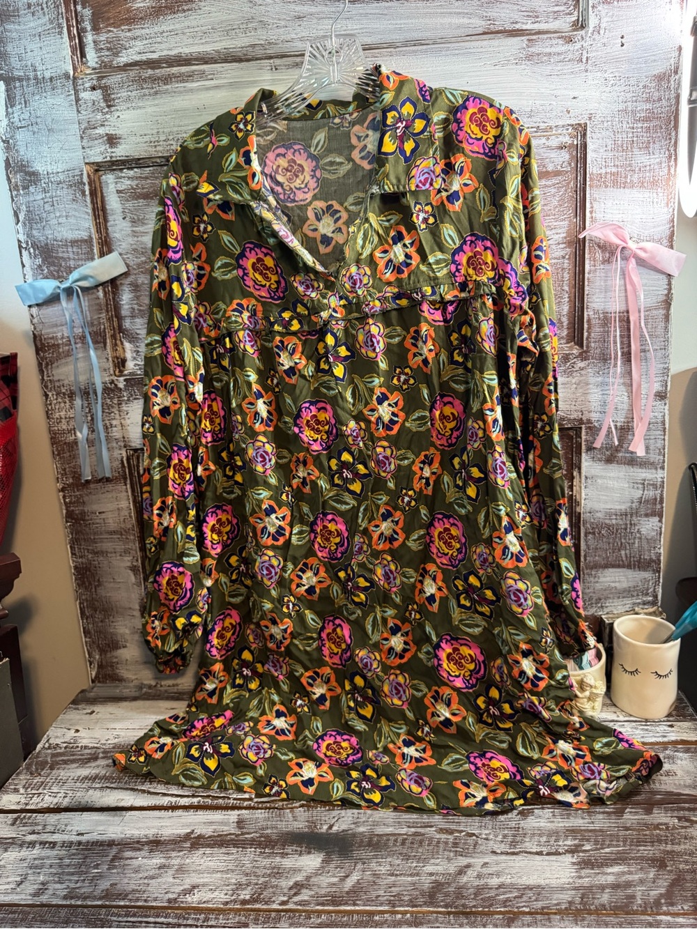 Olive Floral Long Sleeve Tunic Dress - Bold Pink & Orange Blooms